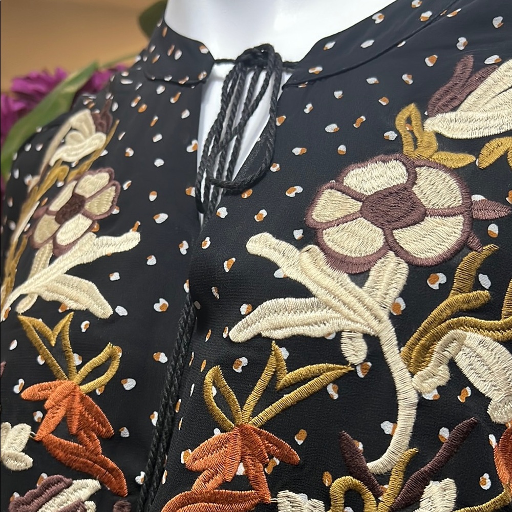 Chic Black Polka Dot Dress with Floral Embroidery